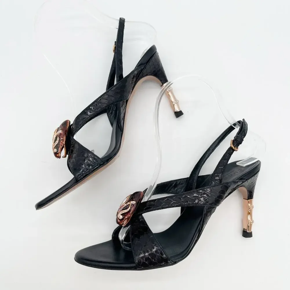 Gucci 2004 Tom Ford Black Python Snakeskin Serpent Head Bamboo Heel Sandals US 6 - Picture 7 of 15
